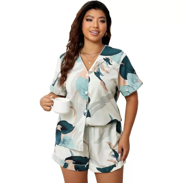 WDIRARA Women's Plus Size Satin Pj Set Short Sleeve Button Down Pajamas with Shorts Sleepwear
