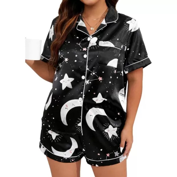 WDIRARA Women's Plus Size Satin Pj Set Short Sleeve Button Down Pajamas with Shorts Sleepwear