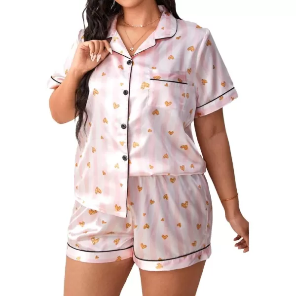 WDIRARA Women's Plus Size Satin Pj Set Short Sleeve Button Down Pajamas with Shorts Sleepwear