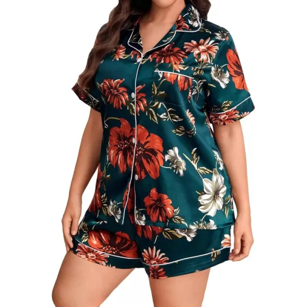 WDIRARA Women's Plus Size Satin Pj Set Short Sleeve Button Down Pajamas with Shorts Sleepwear