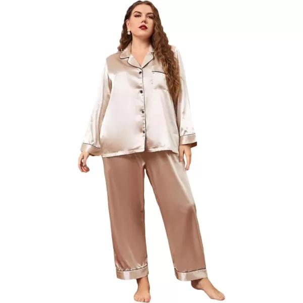 WDIRARA Women's Plus Size Satin Sleepwear Button Front Long Sleeve Shirt and Pants Pajama Set