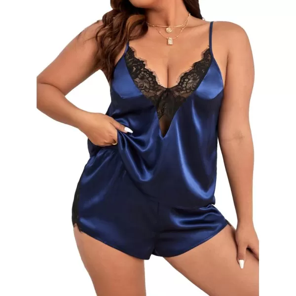 WDIRARA Women's Plus Size Satin Sleepwear Contrast Lace V Neck Cami Top and Shorts Silk Pajama Set