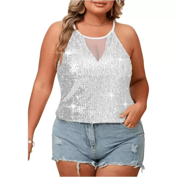 WDIRARA Women's Plus Size Sequin Halter Sleeveless Contrast Mesh Party Night Rave Top