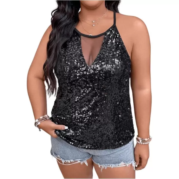 WDIRARA Women's Plus Size Sequin Halter Sleeveless Contrast Mesh Party Night Rave Top
