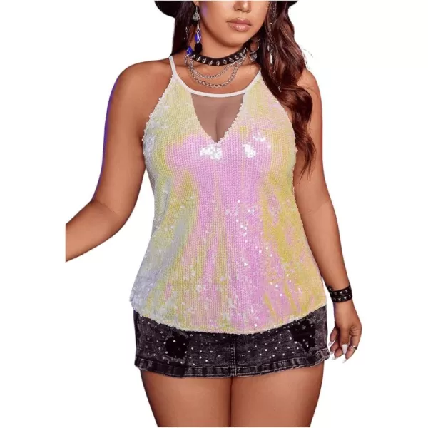 WDIRARA Women's Plus Size Sequin Halter Sleeveless Contrast Mesh Party Night Rave Top