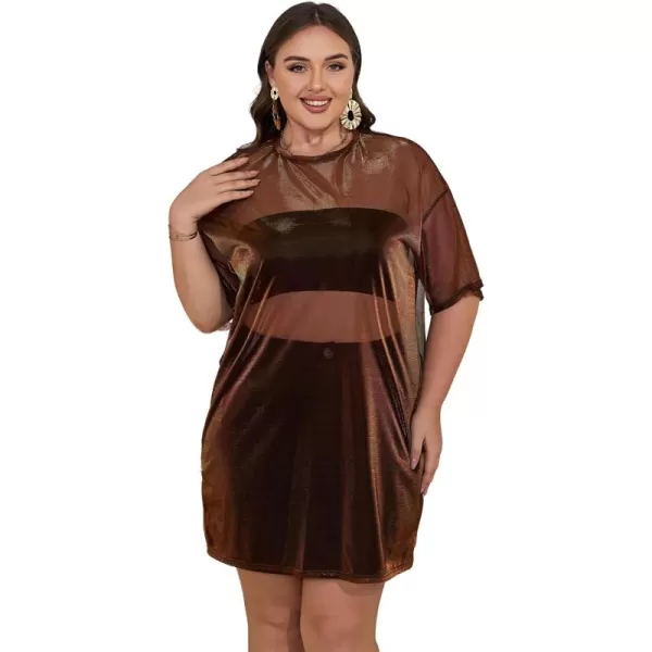 WDIRARA Women's Plus Size Sheer Mesh Drop Shoulder Holographic Half Sleeve Round Neck Blouse Top