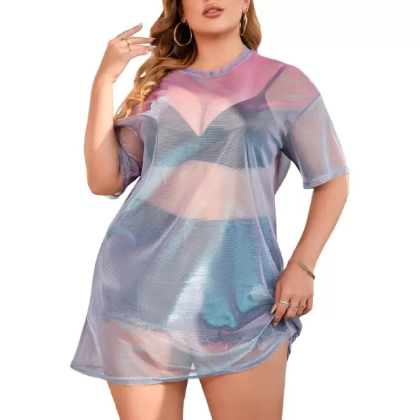 WDIRARA Women's Plus Size Sheer Mesh Drop Shoulder Holographic Half Sleeve Round Neck Blouse Top