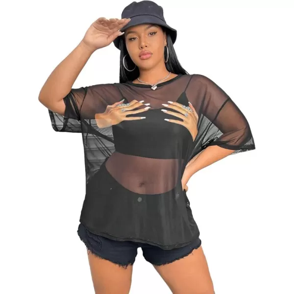 WDIRARA Women's Plus Size Sheer Mesh Drop Shoulder Holographic Half Sleeve Round Neck Blouse Top