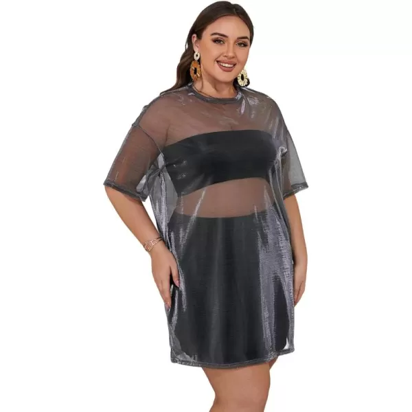WDIRARA Women's Plus Size Sheer Mesh Drop Shoulder Holographic Half Sleeve Round Neck Blouse Top