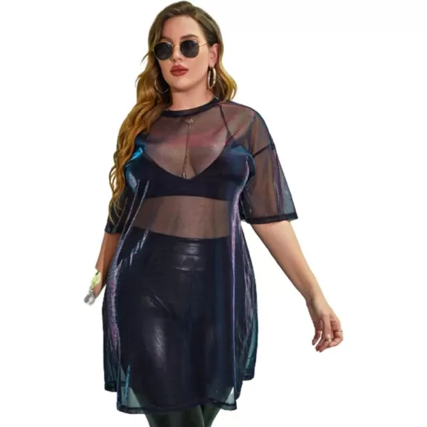 WDIRARA Women's Plus Size Sheer Mesh Drop Shoulder Holographic Half Sleeve Round Neck Blouse Top