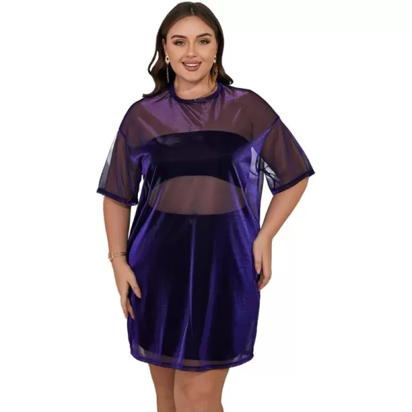 WDIRARA Women's Plus Size Sheer Mesh Drop Shoulder Holographic Half Sleeve Round Neck Blouse Top
