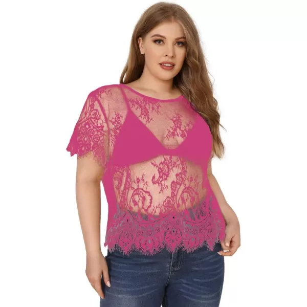 WDIRARA Women's Plus Size Sheer Mesh Lace Top Sexy Scallop Trim Blouse