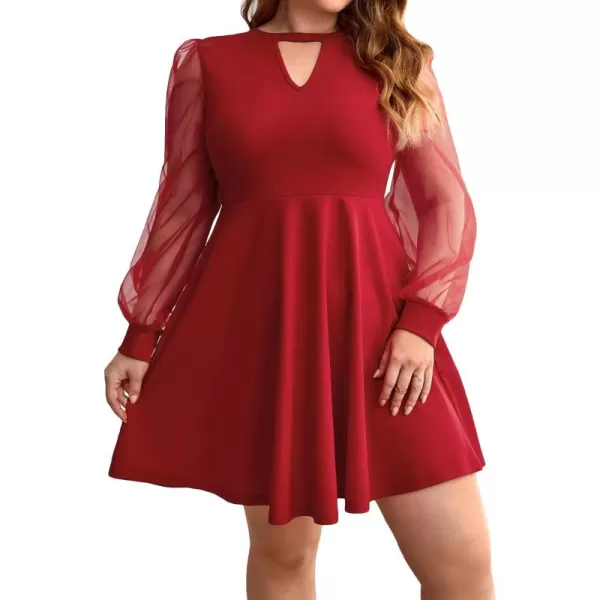 WDIRARA Women's Plus Size Sheer Mesh Long Sleeve A Line Flared Elegant Mini Dress