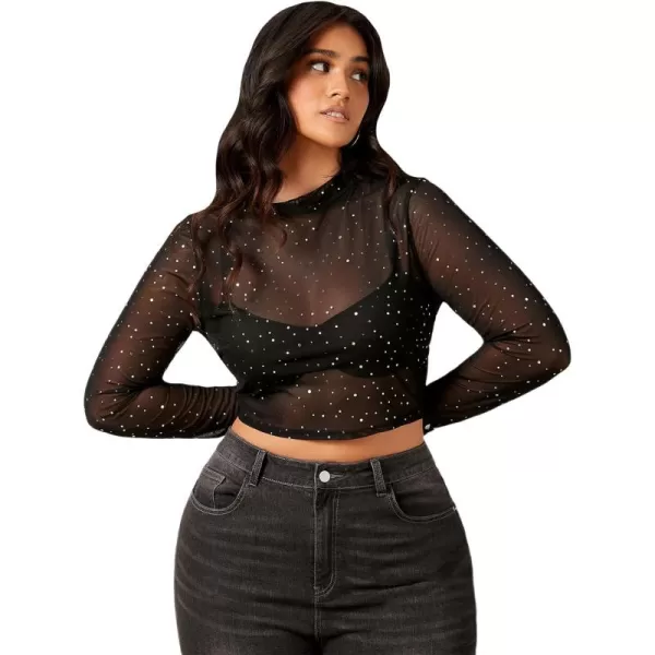 WDIRARA Women's Plus Size Sheer Mesh See Through Mock Neck Rhinestone Crop Top
