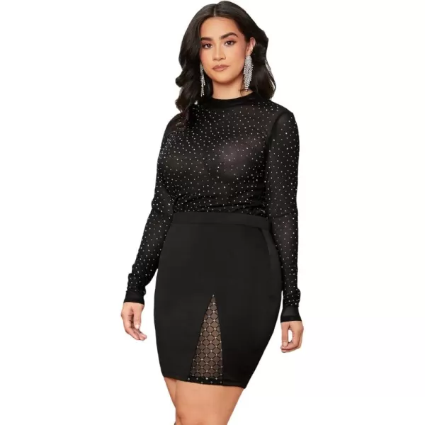 WDIRARA Women's Plus Size Sheer Mesh See Through Mock Neck Rhinestone Crop Top