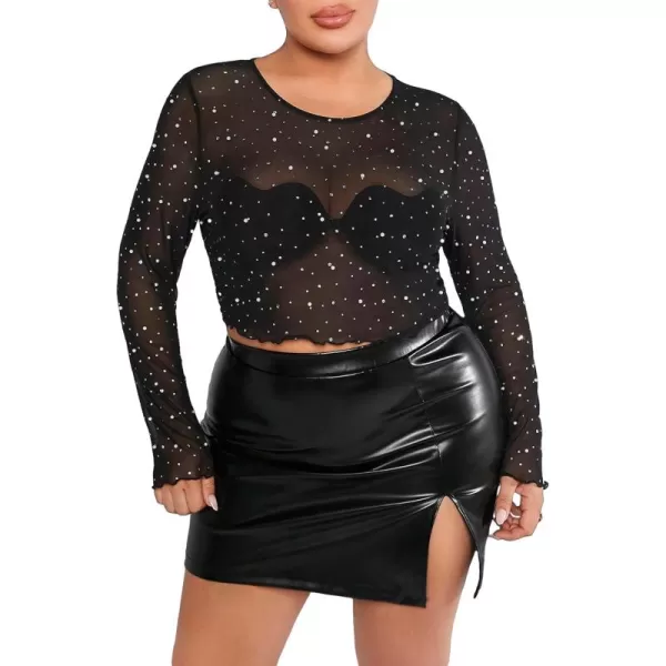 WDIRARA Women's Plus Size Sheer Mesh See Through Mock Neck Rhinestone Crop Top
