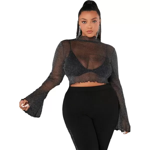 WDIRARA Women's Plus Size Sheer Mesh See Through Mock Neck Rhinestone Crop Top