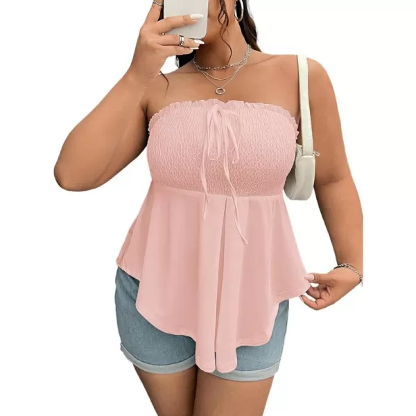WDIRARA Women's Plus Size Shirred Tie Front Strapless Sleeveless Flare Hem Tube Peplum Top