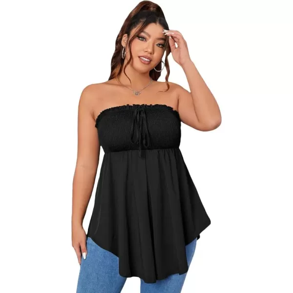 WDIRARA Women's Plus Size Shirred Tie Front Strapless Sleeveless Flare Hem Tube Peplum Top
