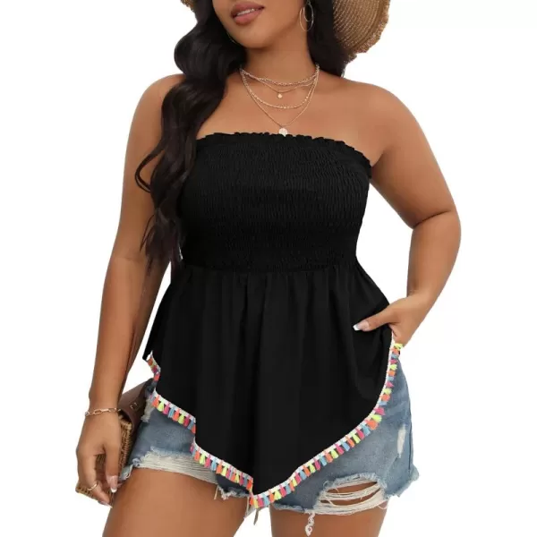 WDIRARA Women's Plus Size Shirred Tie Front Strapless Sleeveless Flare Hem Tube Peplum Top