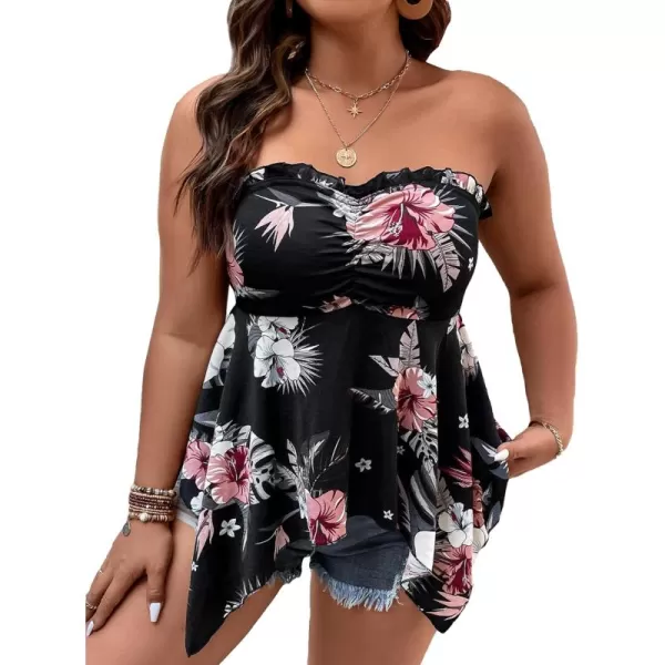 WDIRARA Women's Plus Size Shirred Tie Front Strapless Sleeveless Flare Hem Tube Peplum Top
