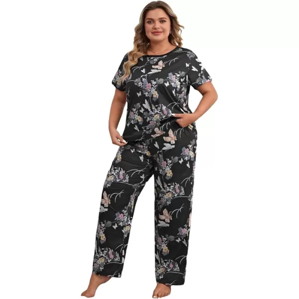 WDIRARA Women's Plus Size Short Sleeve Top And Pants Cute Pajama Lounge Set With Eyemask