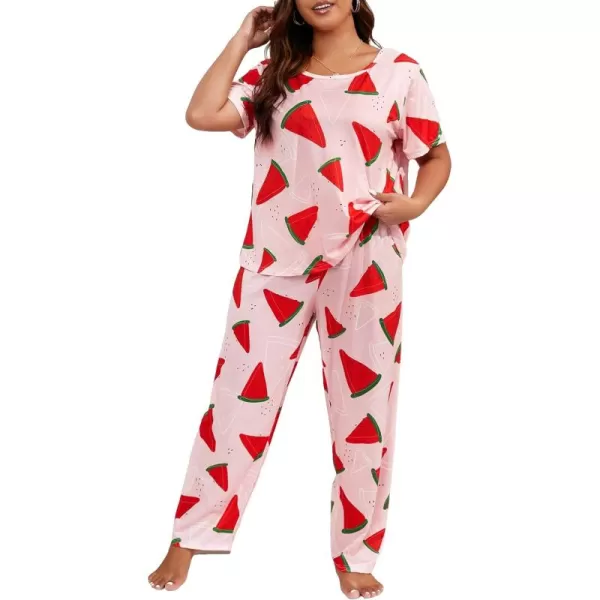 WDIRARA Women's Plus Size Short Sleeve Top And Pants Cute Pajama Lounge Set With Eyemask