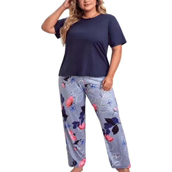 WDIRARA Women's Plus Size Short Sleeve Top And Pants Cute Pajama Lounge Set With Eyemask