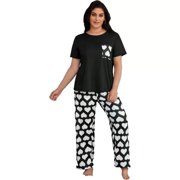 WDIRARA Women's Plus Size Short Sleeve Top And Pants Cute Pajama Lounge Set With Eyemask