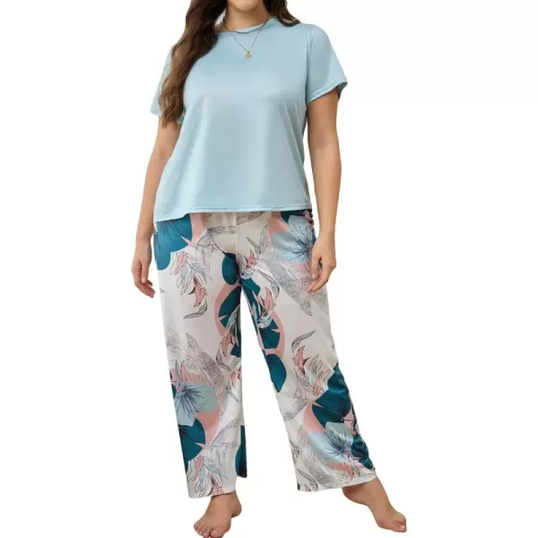 WDIRARA Women's Plus Size Short Sleeve Top And Pants Cute Pajama Lounge Set With Eyemask