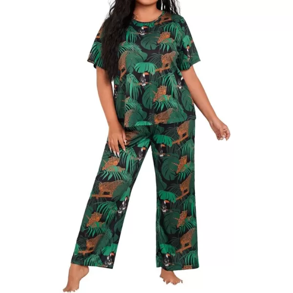 WDIRARA Women's Plus Size Short Sleeve Top And Pants Cute Pajama Lounge Set With Eyemask