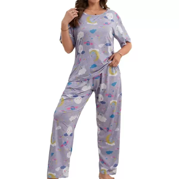 WDIRARA Women's Plus Size Short Sleeve Top And Pants Cute Pajama Lounge Set With Eyemask