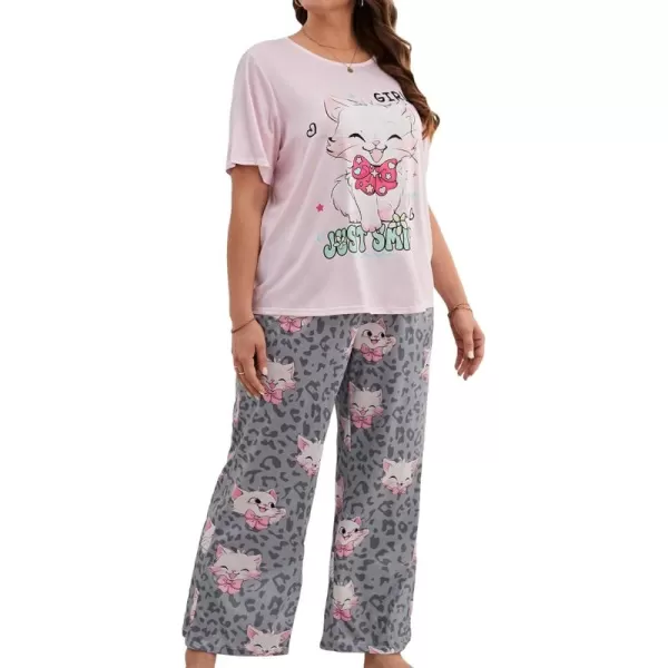 WDIRARA Women's Plus Size Short Sleeve Top And Pants Cute Pajama Lounge Set With Eyemask