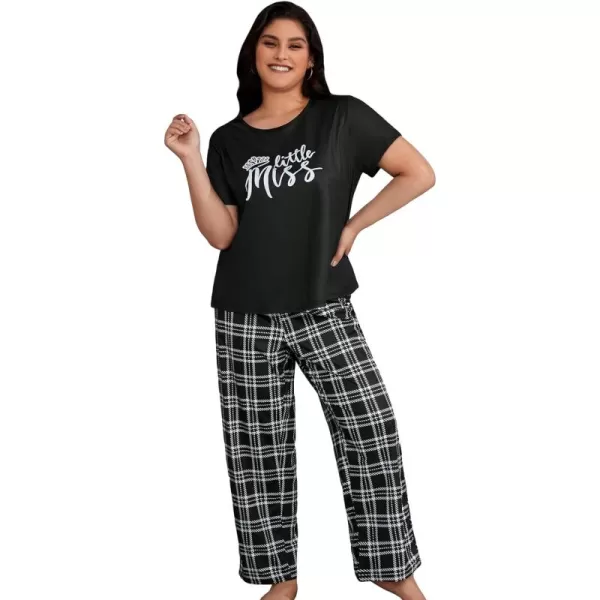 WDIRARA Women's Plus Size Short Sleeve Top And Pants Cute Pajama Lounge Set With Eyemask