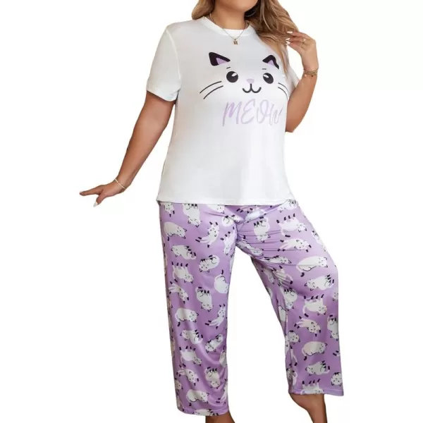 WDIRARA Women's Plus Size Short Sleeve Top And Pants Cute Pajama Lounge Set With Eyemask