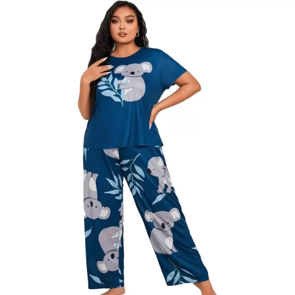 WDIRARA Women's Plus Size Short Sleeve Top And Pants Cute Pajama Lounge Set With Eyemask