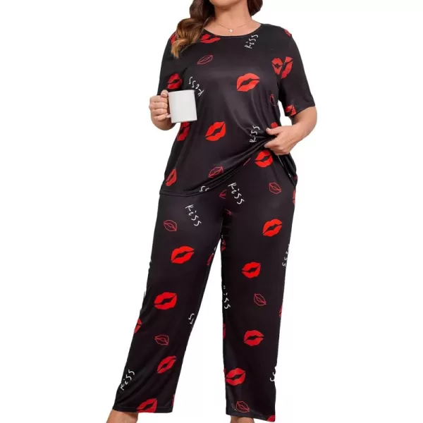 WDIRARA Women's Plus Size Short Sleeve Top And Pants Cute Pajama Lounge Set With Eyemask