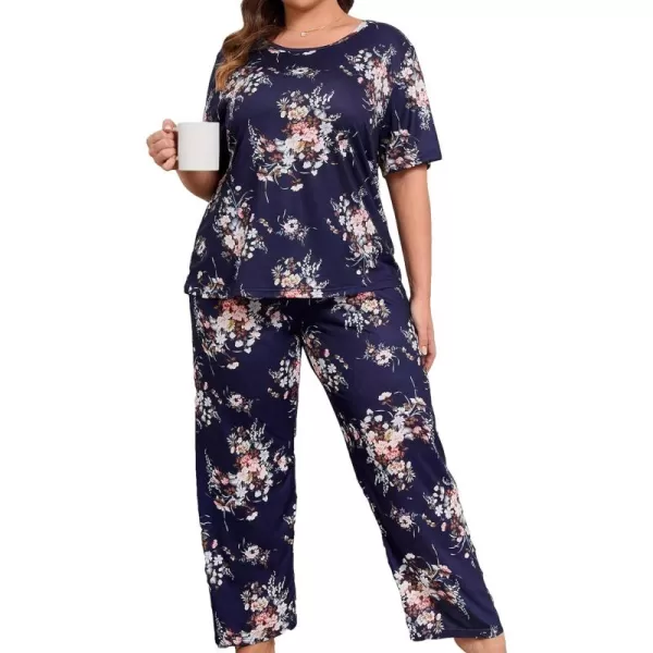 WDIRARA Women's Plus Size Short Sleeve Top And Pants Cute Pajama Lounge Set With Eyemask