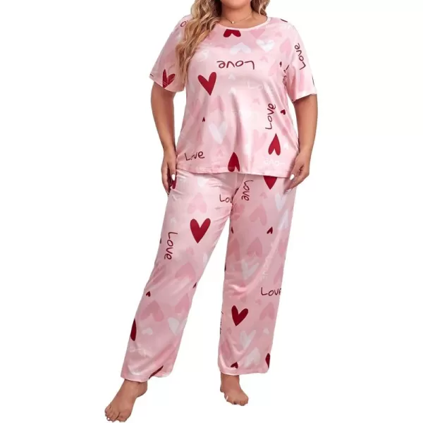 WDIRARA Women's Plus Size Short Sleeve Top And Pants Cute Pajama Lounge Set With Eyemask