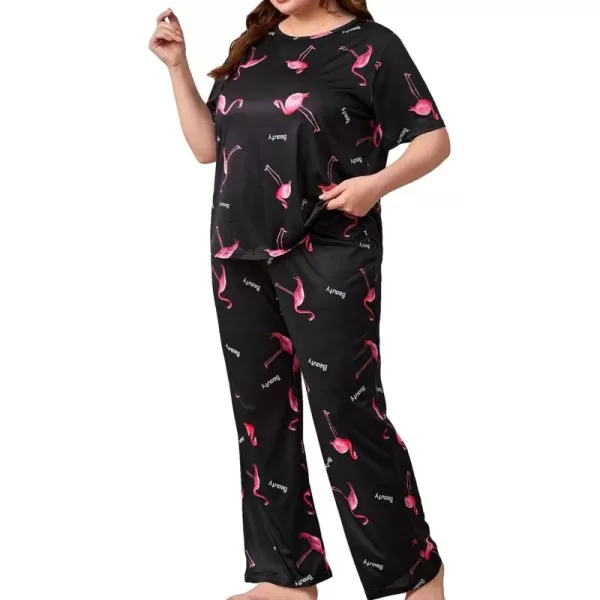 WDIRARA Women's Plus Size Short Sleeve Top And Pants Cute Pajama Lounge Set With Eyemask