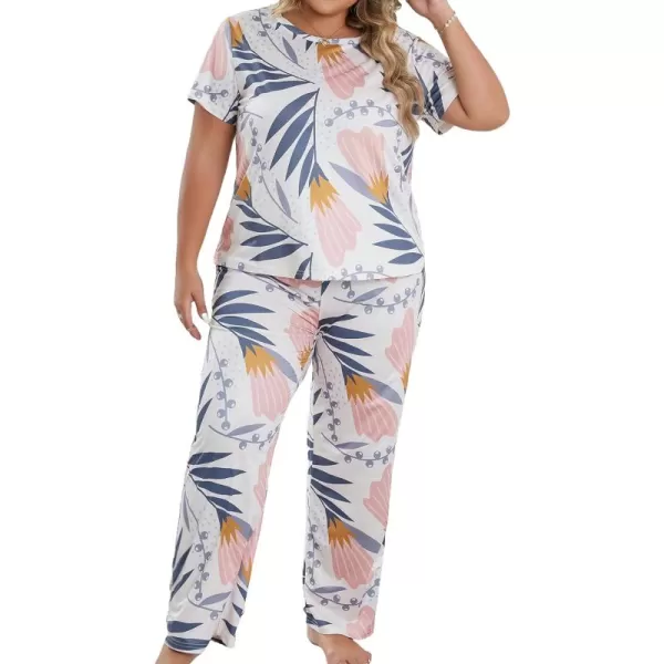 WDIRARA Women's Plus Size Short Sleeve Top And Pants Cute Pajama Lounge Set With Eyemask