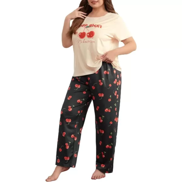 WDIRARA Women's Plus Size Short Sleeve Top And Pants Cute Pajama Lounge Set With Eyemask