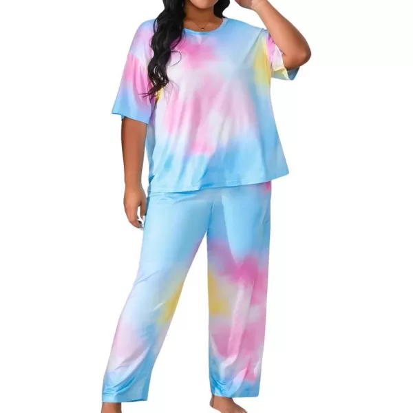 WDIRARA Women's Plus Size Short Sleeve Top And Pants Cute Pajama Lounge Set With Eyemask