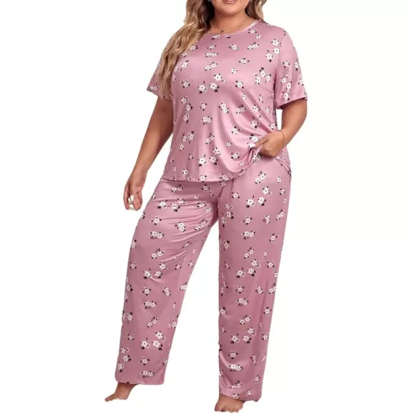WDIRARA Women's Plus Size Short Sleeve Top And Pants Cute Pajama Lounge Set With Eyemask