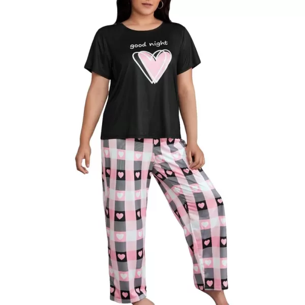 WDIRARA Women's Plus Size Short Sleeve Top And Pants Cute Pajama Lounge Set With Eyemask