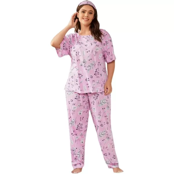 WDIRARA Women's Plus Size Short Sleeve Top And Pants Cute Pajama Lounge Set With Eyemask
