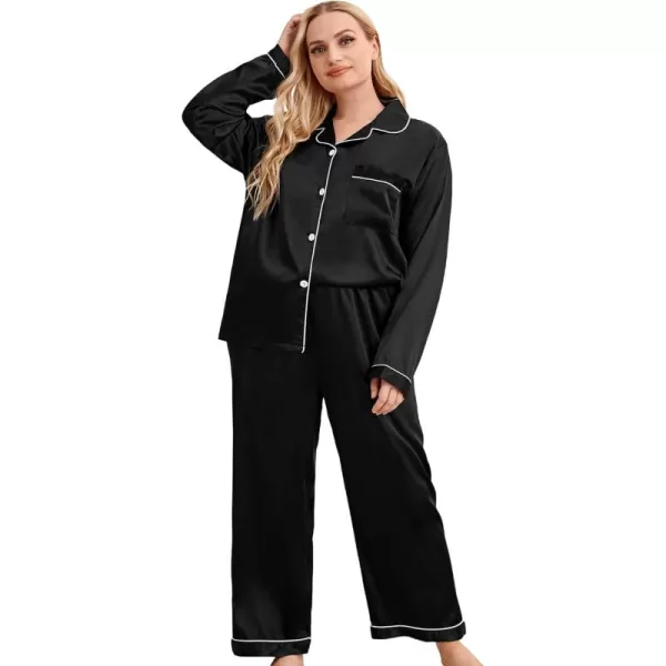 WDIRARA Women's Plus Size Sleepwear Contrast Binding 2 Piece Satin Pajama Set Loungewear