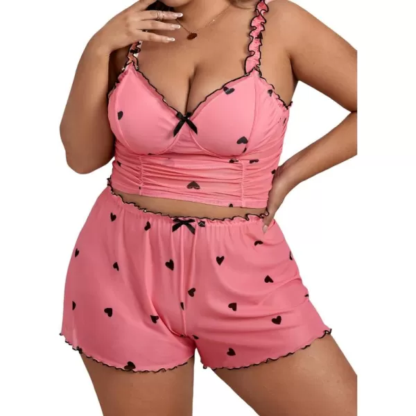 WDIRARA Women's Plus Size Sleepwear Heart Print Ruched Lettuce Trim Cami Top and Shorts Pajama Set