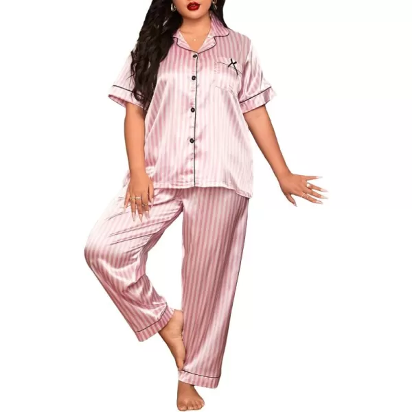 WDIRARA Women's Plus Size Sleepwear Striped 2 Piece Satin Pajama Set Short Sleeve Loungewear