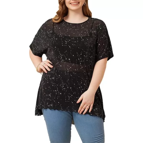 WDIRARA Women's Plus Size Star Print Mesh Glitter Round Neck Short Sleeve Oversized Tee Top